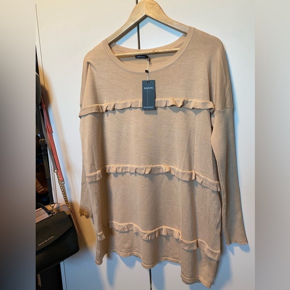 Rayon material Solutions Women's Rayon Ruffle Trim Beige Pullover Tunic Sweater - Picture 3 of 6